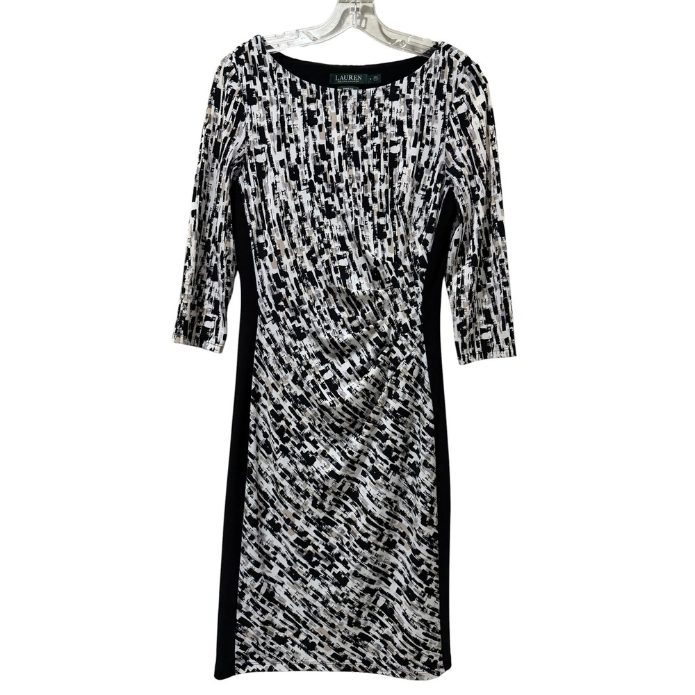 Lauren Ralph Lauren Size 6 Black White Abstract Ruched Sheath Dress 3/4 Sleeve